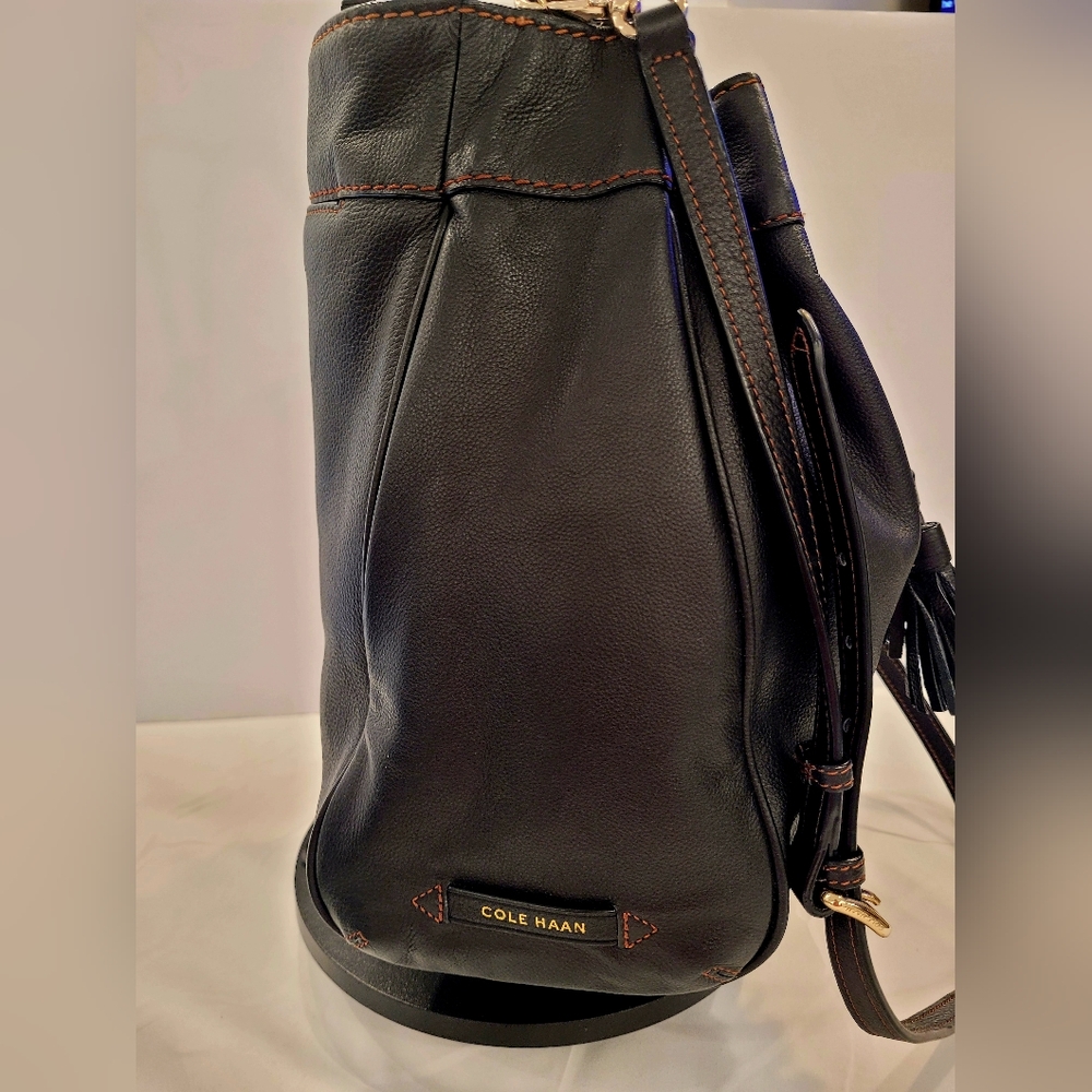 Cole Haan Black Leather Bucket Bag with Tassels - Picture 5 of 8